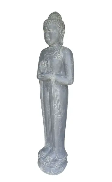 Product image 2 of the product “Standing Buddha wheel of teaching, India, 192 cm high, artificial stone, hollow, handmade & colored. Colored in the color antique finish ”